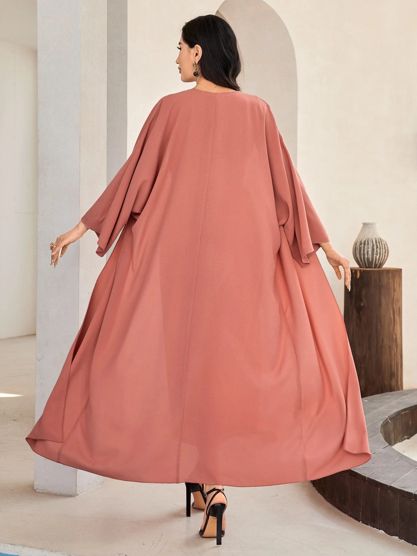 Al Najma Solid Color Bell Sleeve Abaya Dress with Waist Belt
