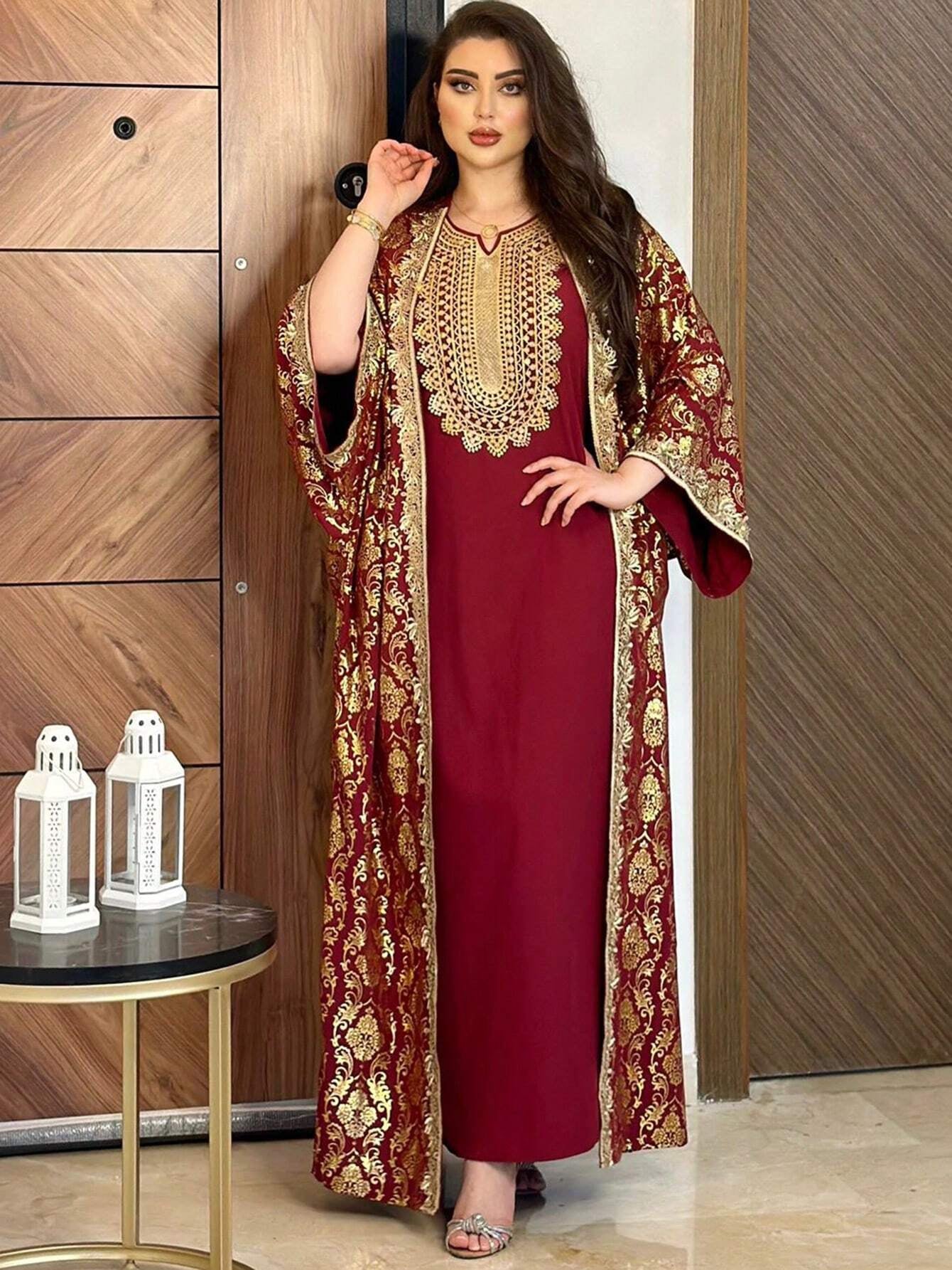 Al Najma Women'S Modest Arabian Dress Kaftan with Gold Print Abaya, Fashion for Casual/Festival/Gathering/Travel