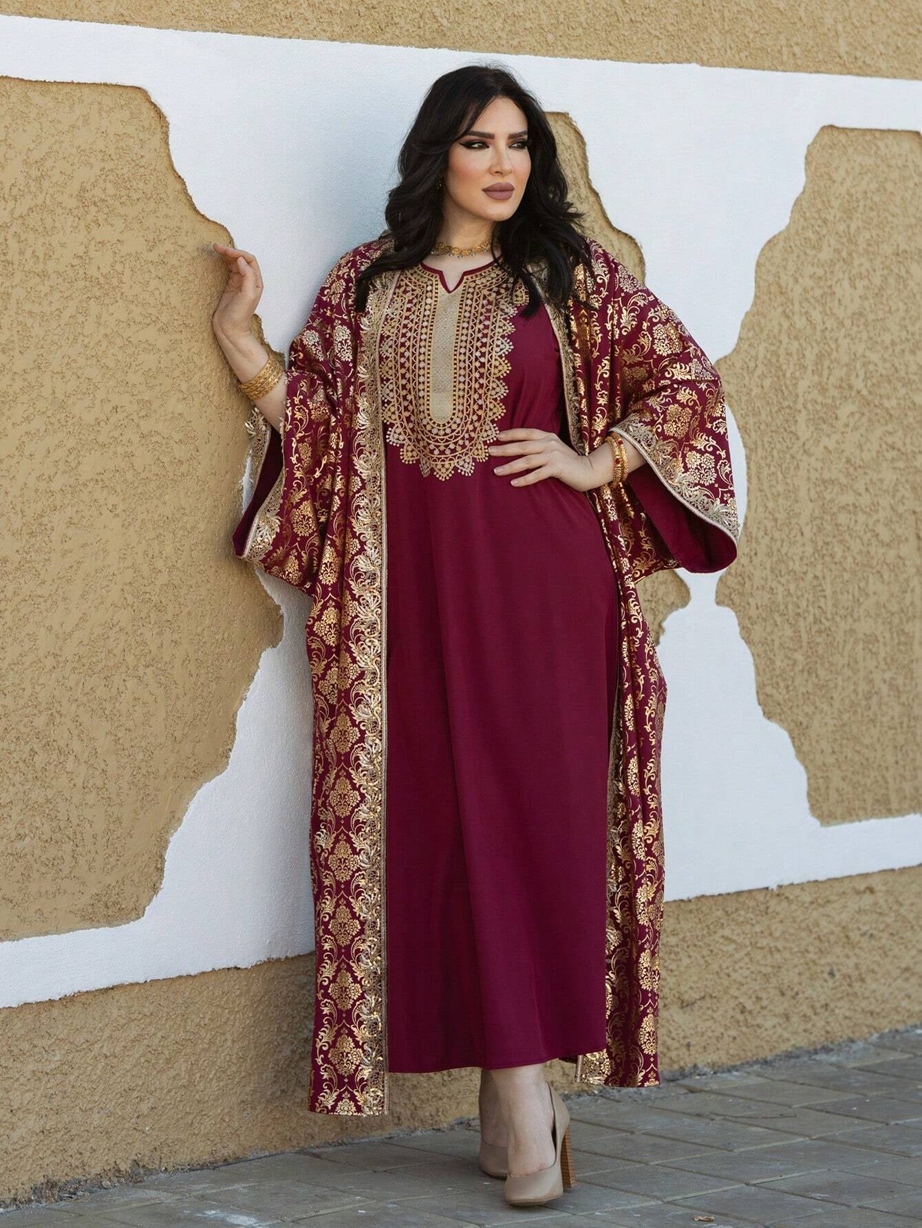 Al Najma Women'S Modest Arabian Dress Kaftan with Gold Print Abaya, Fashion for Casual/Festival/Gathering/Travel