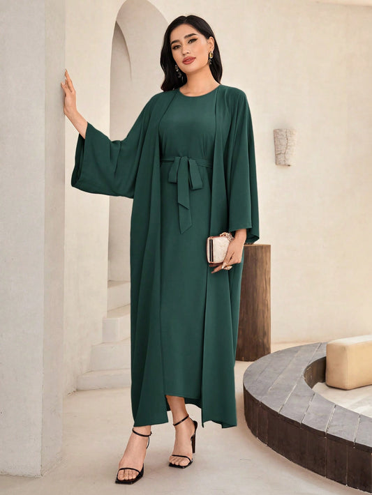 Al Najma Solid Color Bell Sleeve Abaya Dress with Waist Belt