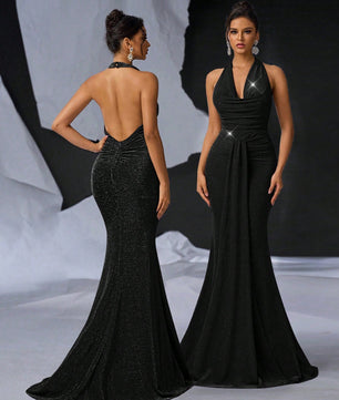 Glamrae Elegant Glittery Knitted Draped Neck Pleated Front Mermaid Maxi Black Formal Dress with Tail for Cocktail Party, Date Night, Wedding, Prom Evening Gown, for Wedding Guest, Graduation, Dinner