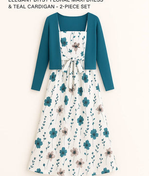 ZUREE Elegant Ditsy Floral Maxi Dress & Lilac Cardigan – 2-Piece Set