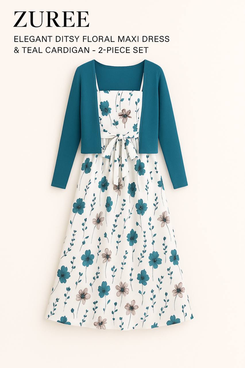ZUREE Elegant Ditsy Floral Maxi Dress & Lilac Cardigan – 2-Piece Set
