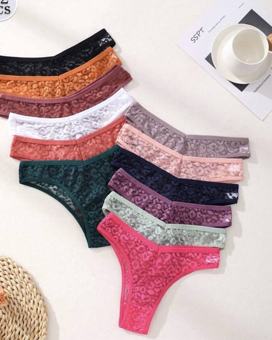 12 PCS Sexy Lace Hollow Out Bikini Panties V Waist Seamless Briefs Leopard Romantic Lingerie Comfortable And Breathable Underwear